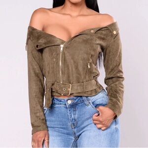 Fashion Nova Off-Shoulder Olive Green Suede Moto Jacket